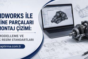 SOLIDWORKS ile makina parçaları ve montaj çizimi temalı bir afiş; bilgisayarda CAD modelinin gösterildiği, dişliler ve teknik çizimler görünür.