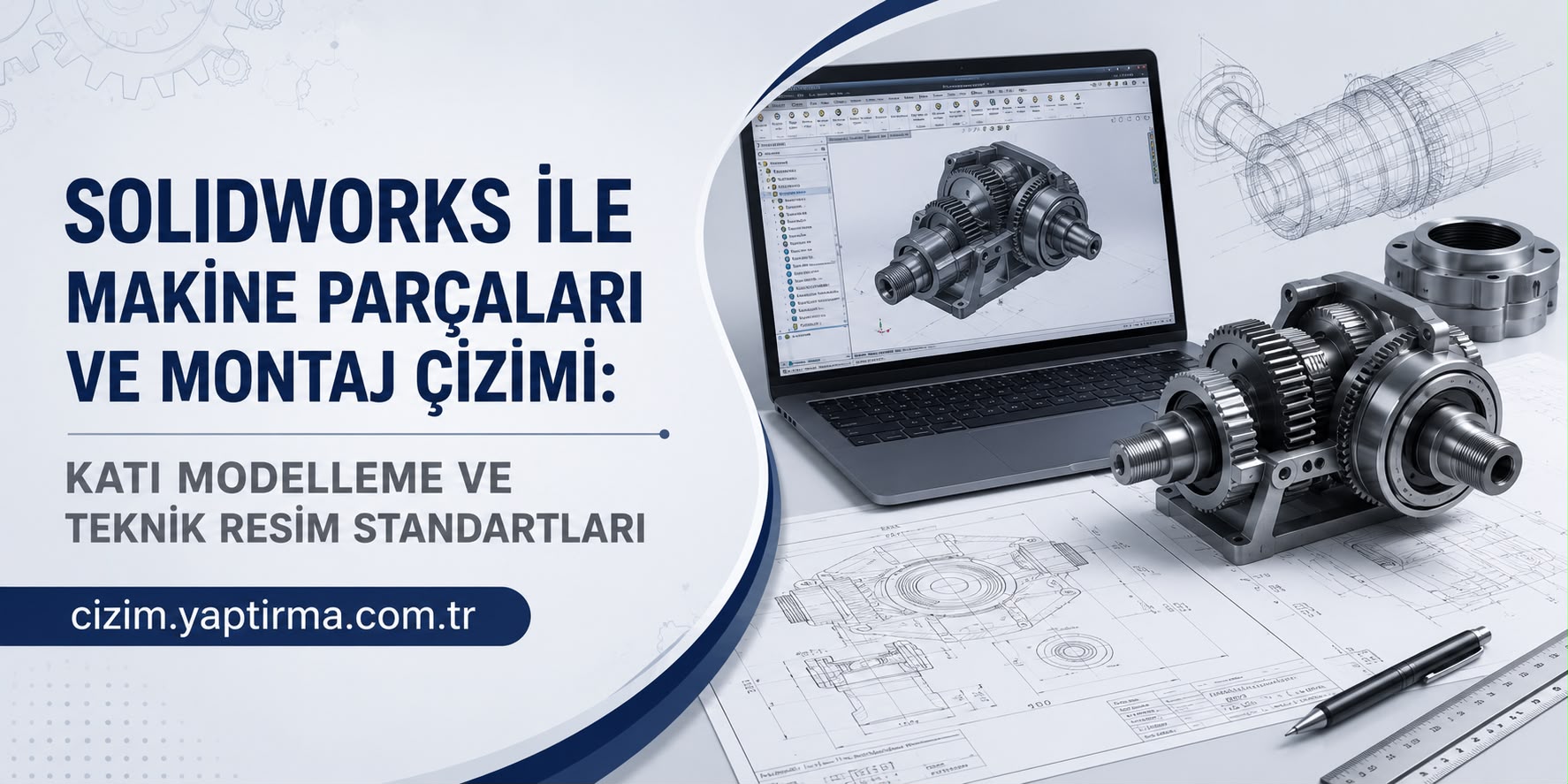 SOLIDWORKS ile makina parçaları ve montaj çizimi temalı bir afiş; bilgisayarda CAD modelinin gösterildiği, dişliler ve teknik çizimler görünür.