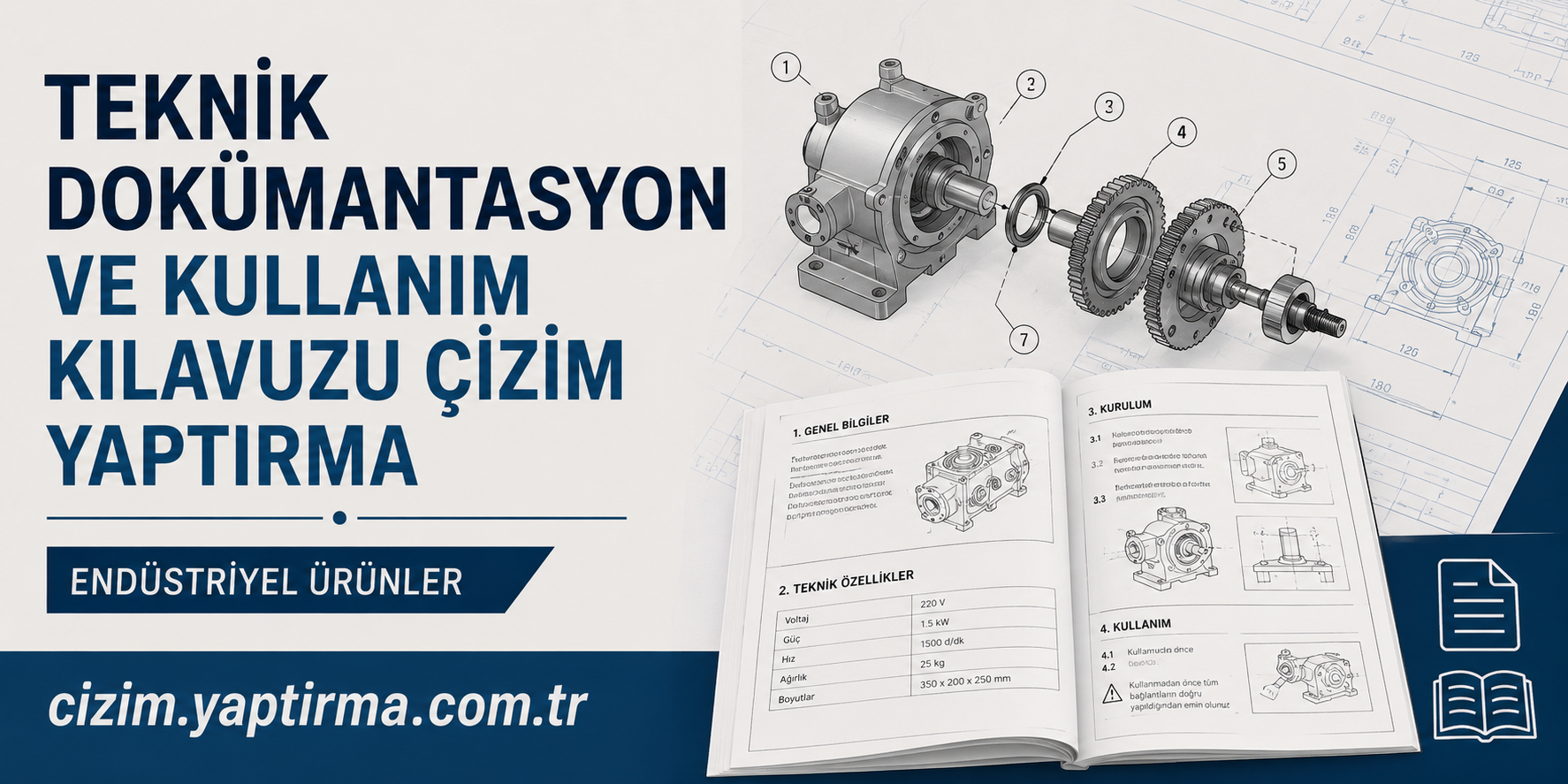 Banner promoting technical documentation and usage manuals for industrial products, with an exploded gear diagram and open manuals in the background.