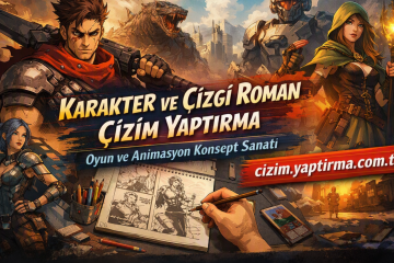 Promotional fantasy game concept art with armored warriors, a dragon in the background, and a hooded woman holding a torch; a hand draws in a sketchbook at the bottom, conveying drawing and animation concept art in Turkish.