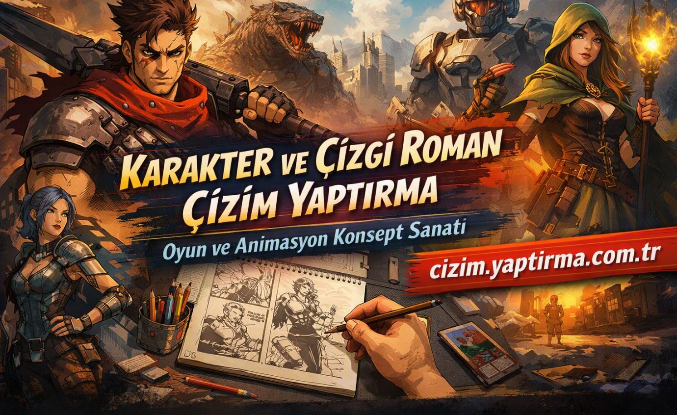 Promotional fantasy game concept art with armored warriors, a dragon in the background, and a hooded woman holding a torch; a hand draws in a sketchbook at the bottom, conveying drawing and animation concept art in Turkish.