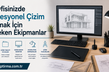 Turkish ad banner: large text about professional drawing gear with icons for computer, tablet, monitor, lamps and drawing tools; desk setup on right; website cizim.yaptrima.com.tr (partial).