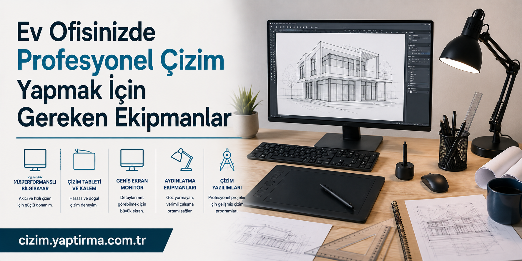 Turkish ad banner: large text about professional drawing gear with icons for computer, tablet, monitor, lamps and drawing tools; desk setup on right; website cizim.yaptrima.com.tr (partial).