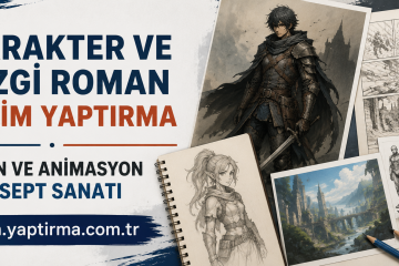 Advert banner for 'Character and Line Art Drawing', featuring a fantasy warrior, sketches, and drawing tools; includes a Turkish URL fragment sana.