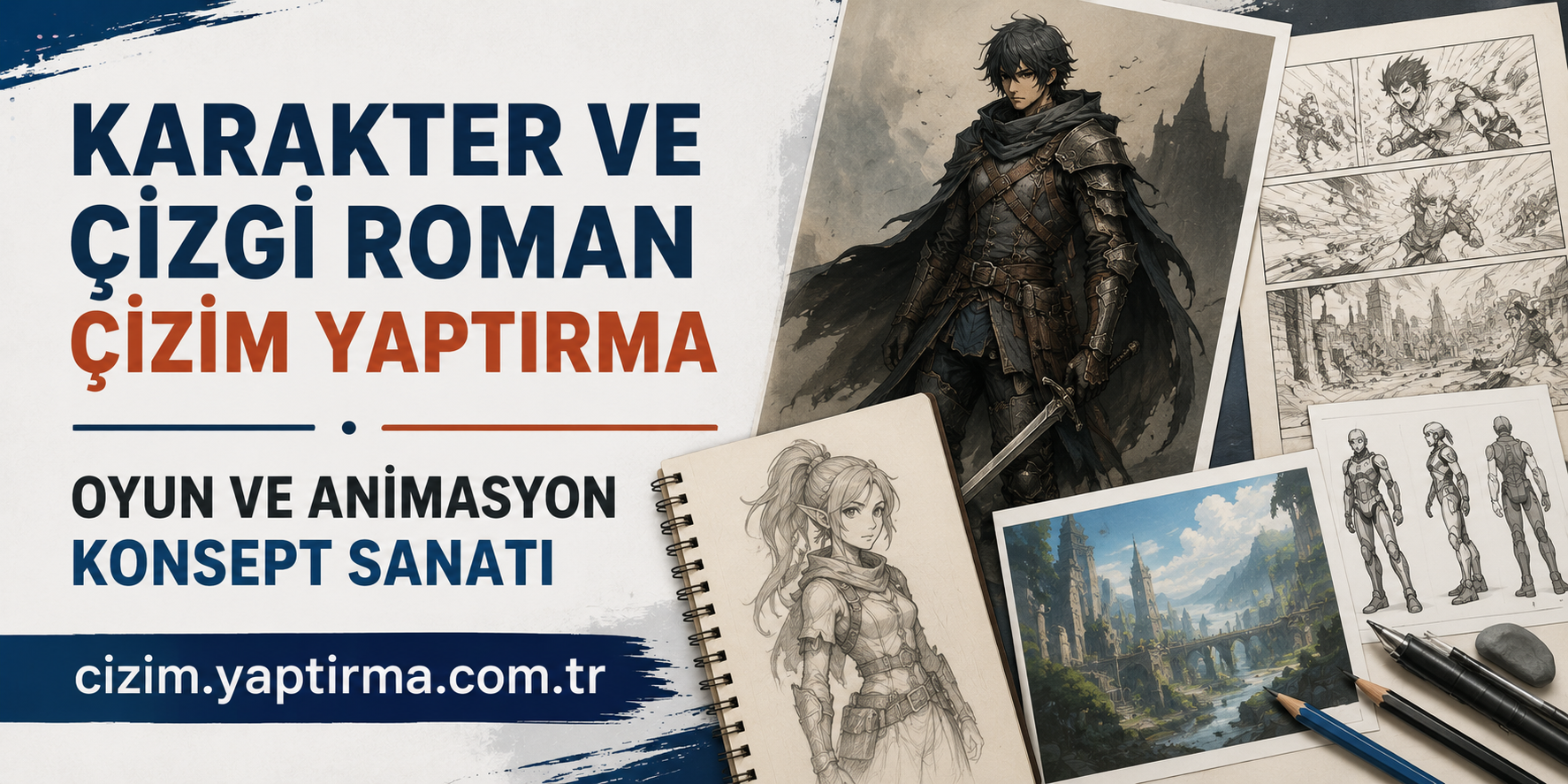 Advert banner for 'Character and Line Art Drawing', featuring a fantasy warrior, sketches, and drawing tools; includes a Turkish URL fragment sana.
