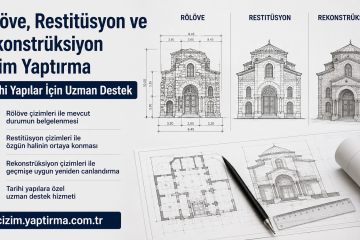 Left column ad with Turkish text about restoration services and blueprint icons; right shows architectural drawings and plans on blueprints and rolled sheets