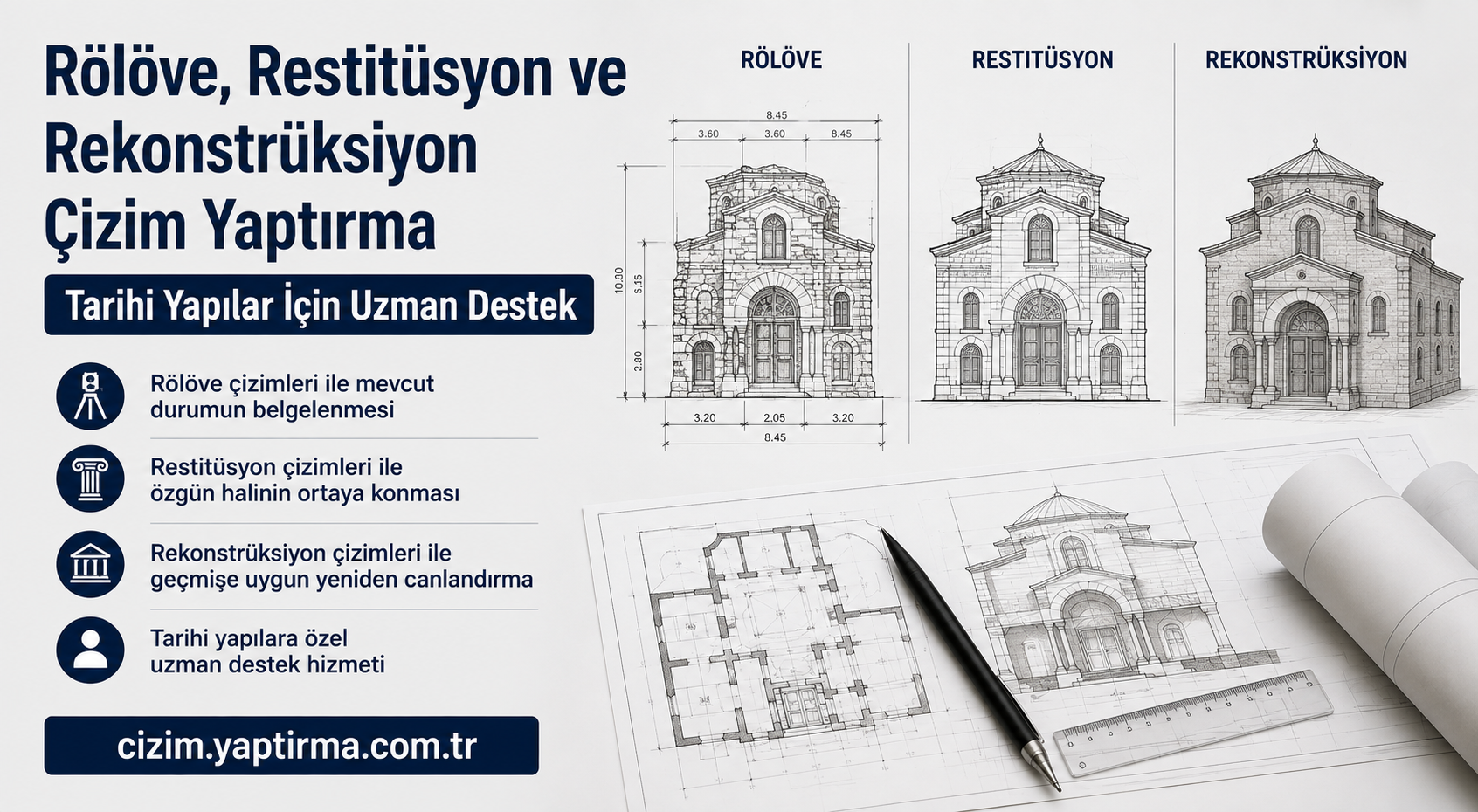 Left column ad with Turkish text about restoration services and blueprint icons; right shows architectural drawings and plans on blueprints and rolled sheets