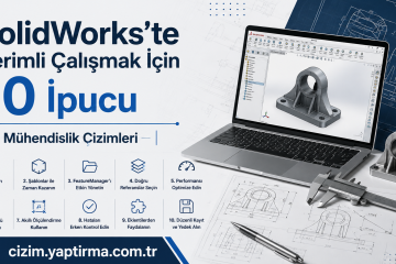 SolidWorks için 10 ipucu: verimli mühendislik çizimleri, ana başlık ve alt başlıkla birleşen görsel çalışma sahnesi.