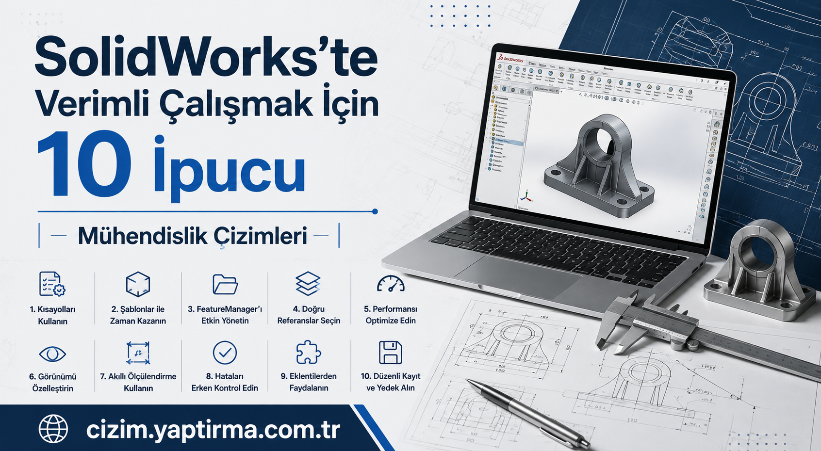 SolidWorks için 10 ipucu: verimli mühendislik çizimleri, ana başlık ve alt başlıkla birleşen görsel çalışma sahnesi.