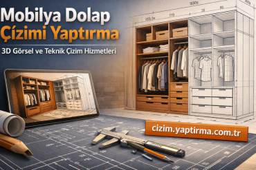 Advertisement for 3D wardrobe design services showing blueprints, drafting tools, and a tablet with a closet render on display