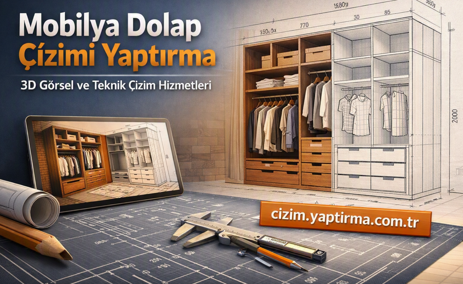 Advertisement for 3D wardrobe design services showing blueprints, drafting tools, and a tablet with a closet render on display